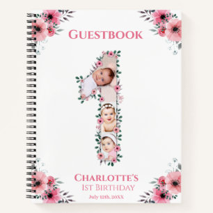 Big 1st Birthday Girl Photo Pink Flower Guest Book