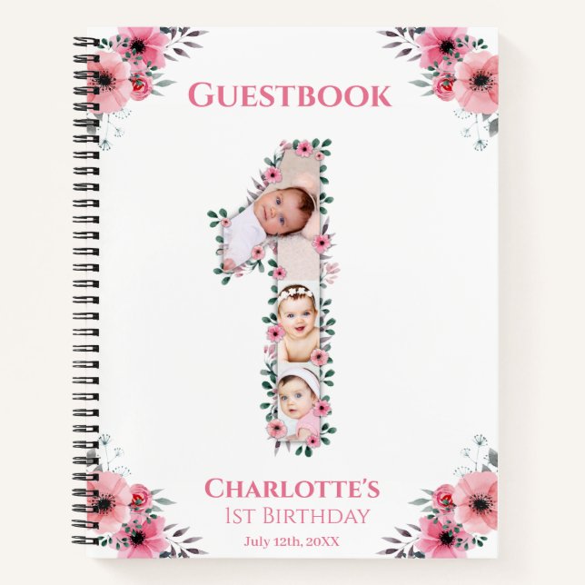 Big 1st Birthday Girl Photo Pink Flower Guest Book (Front)