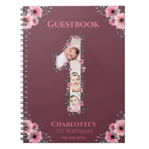 Big 1st Birthday Girl Photo Pink Flower Guest Book