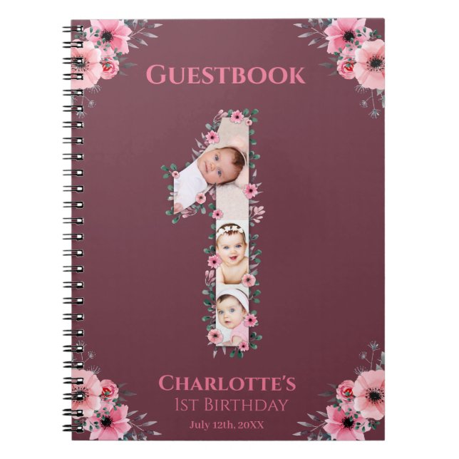 Big 1st Birthday Girl Photo Pink Flower Guest Book (Front)