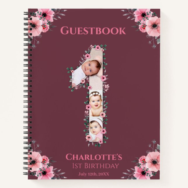 Big 1st Birthday Girl Photo Pink Flower Guest Book (Front)