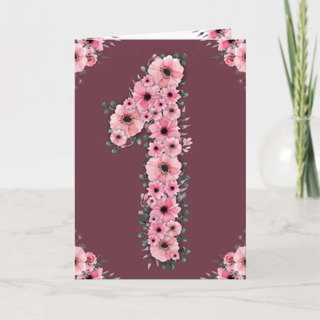 Big 1st Birthday Girl Pink Flowers Green Foliage Card (Front)