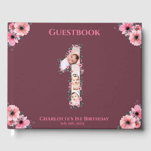 Big 1st Birthday Photo Collage Flower Girl Pink Guest Book