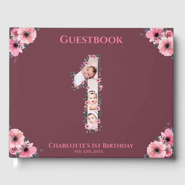 Big 1st Birthday Photo Collage Flower Girl Pink Guest Book (Front)