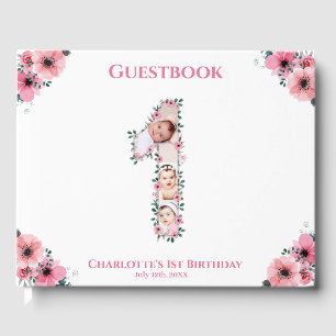 Big 1st Birthday Photo Collage Flower Girl White Guest Book