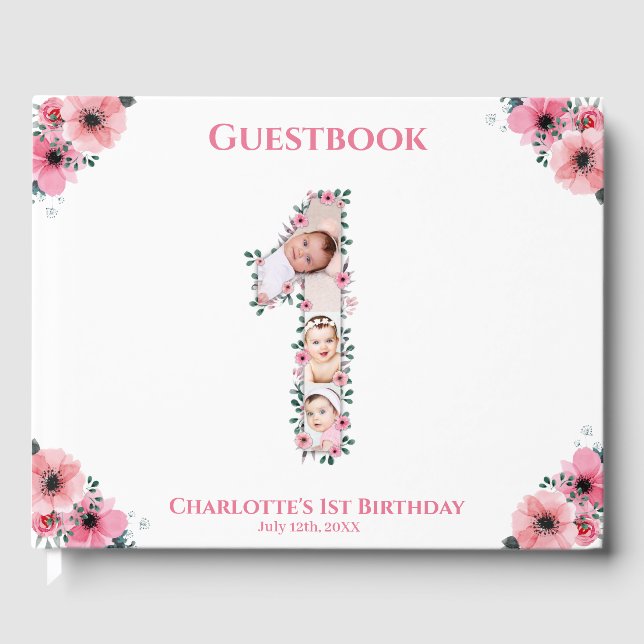Big 1st Birthday Photo Collage Flower Girl White Guest Book (Front)