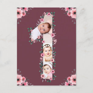 Big 1st Birthday Photo Collage Pink Flower Girl Postcard
