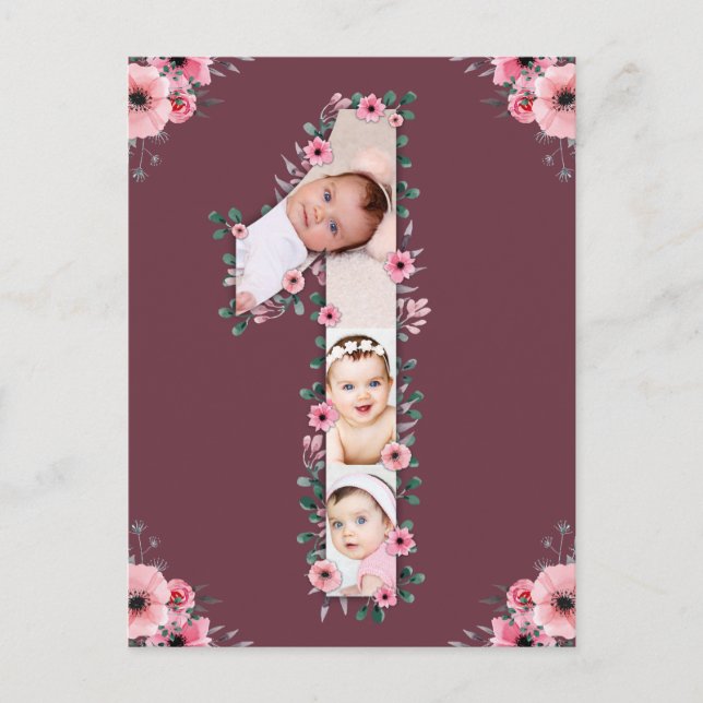 Big 1st Birthday Photo Collage Pink Flower Girl Postcard (Front)