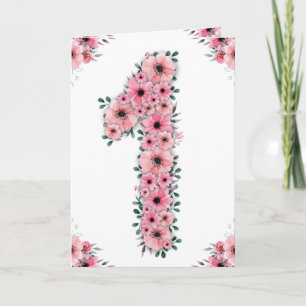 Big 1st Birthday Pink Flowers Green Foliage Girl Card