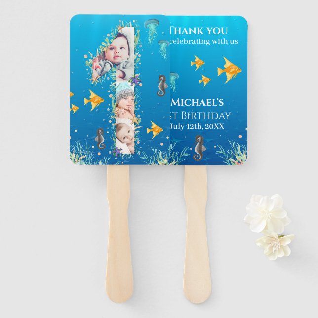 Big 1st Birthday Under The Sea Photo Collage Hand Fan (Front and Back)