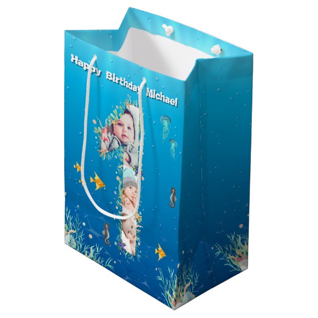 Big 1st Birthday Under The Sea Photo Collage Medium Gift Bag (Front Angled)
