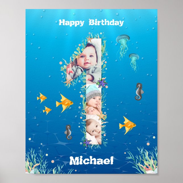 Big 1st Birthday Under The Sea Photo Collage Poster (Front)