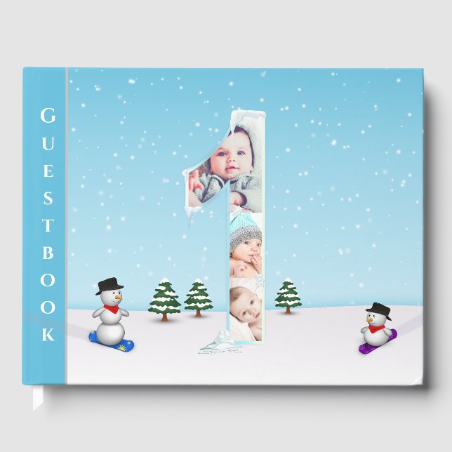 Big 1st Birthday Winter Snow Ice Collage Photo Guest Book (Front)