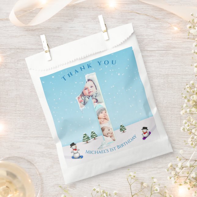 Big 1st Birthday Winter Snow Ice Photo Collage Favour Bags (Clipped)