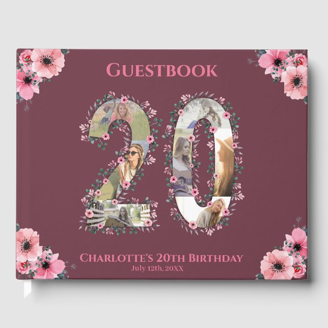Big 20th Birthday Photo Collage Flower Girl Pink Guest Book (Front)