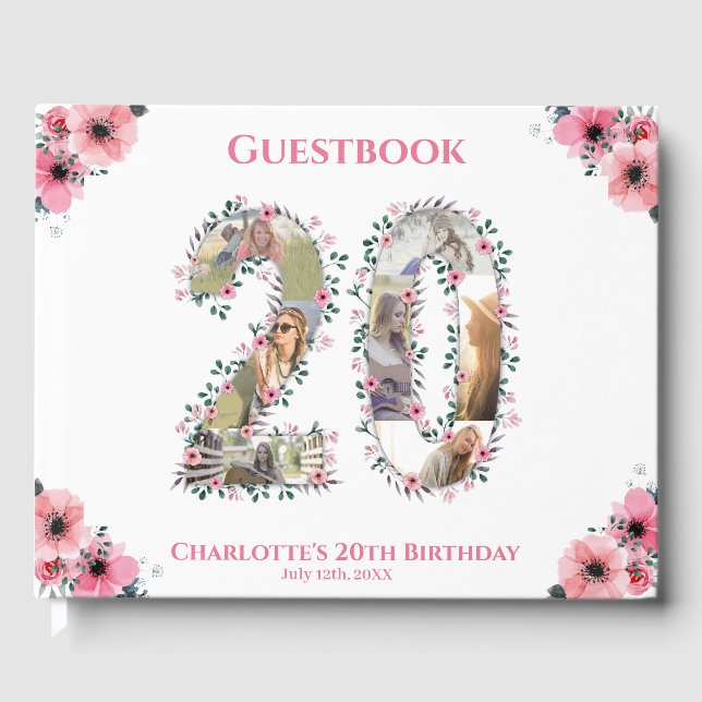 Big 20th Birthday Photo Collage Flower Girl White Guest Book (Front)