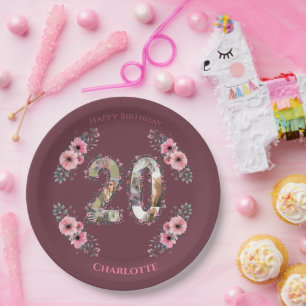 Big 20th Birthday Photo Collage Pink Flower Girl Paper Plate