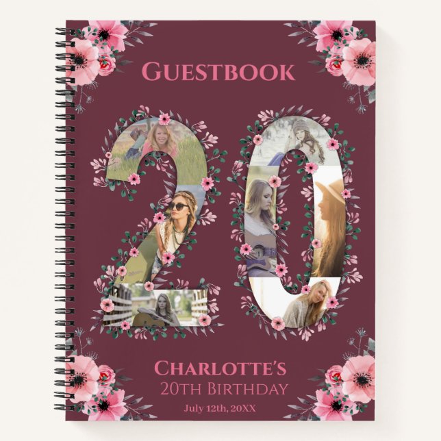 Big 20th Birthday Photo Pink Flower Guest Book (Front)