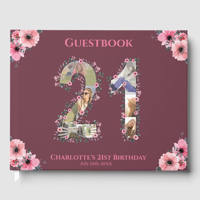 Big 21st Birthday Photo Collage Flower Girl Woman Guest Book (Front)