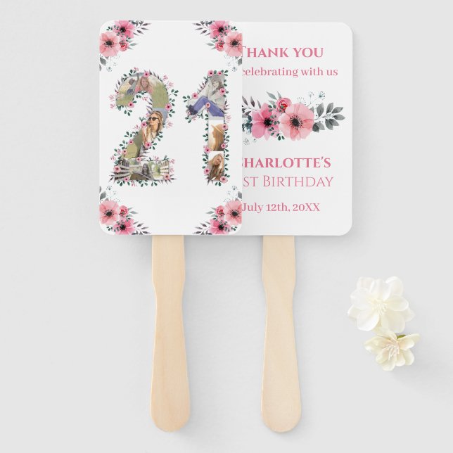 Big 21st Birthday Photo Collage Pink Flower White Hand Fan (Front and Back)