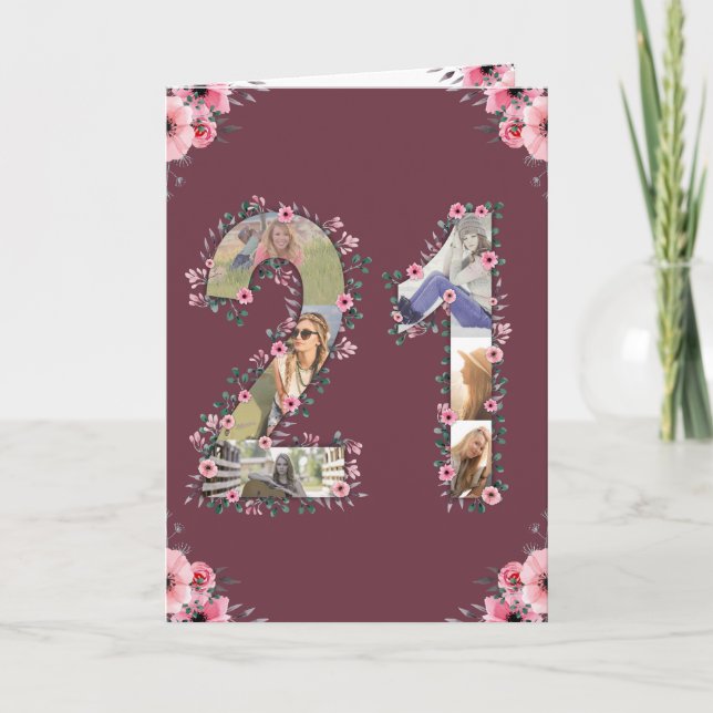 Big 21st Birthday Photo Collage Pink Flower Woman Card (Front)