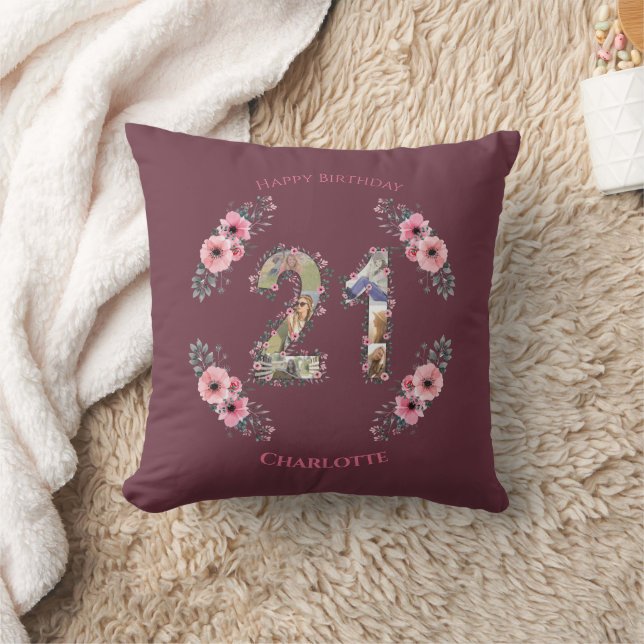 Big 21st Birthday Photo Collage Pink Flower Woman Cushion (Blanket)