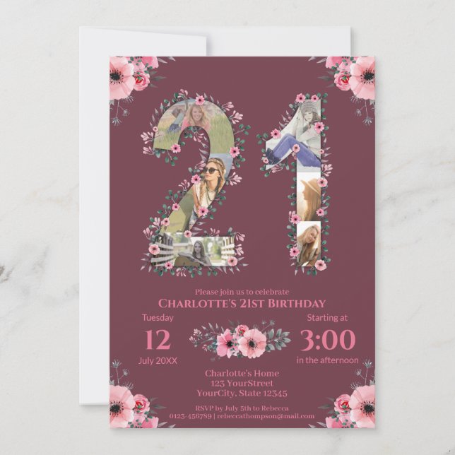 Big 21st Birthday Photo Collage Pink Flower Woman Invitation (Front)