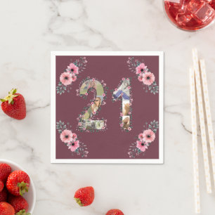 Big 21st Birthday Photo Collage Pink Flower Woman Napkin