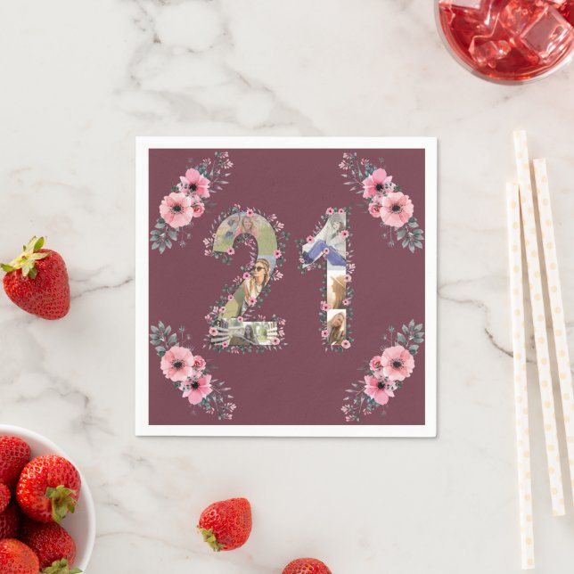 Big 21st Birthday Photo Collage Pink Flower Woman Napkin (Insitu)