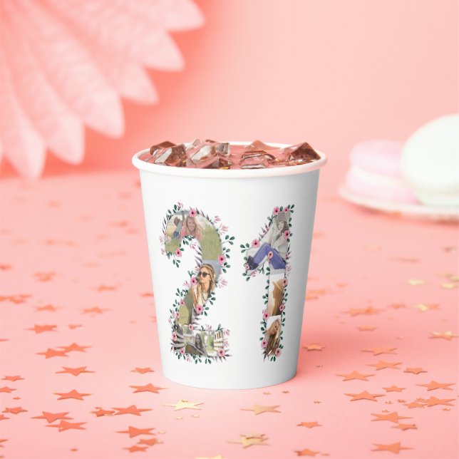 Big 21st Birthday Pink Flower Photo Collage White Paper Cups (Insitu)
