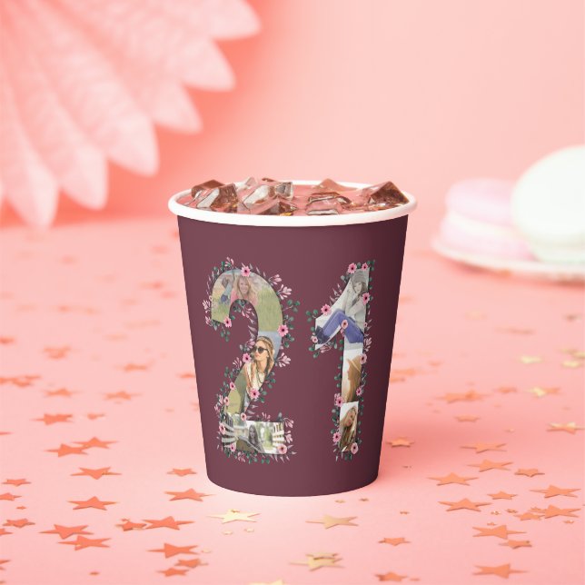 Big 21st Birthday Pink Flower Photo Collage Woman Paper Cups (Insitu)