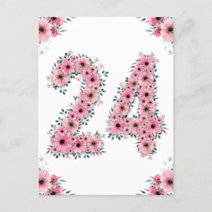 Big 24th Birthday Pink Flowers Girl Green Foliage Postcard