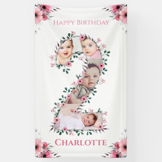 Big 2nd Birthday Girl Photo Collage Pink Flower Banner (Vertical)