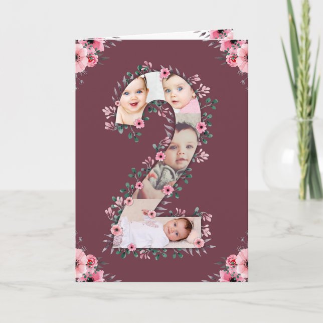 Big 2nd Birthday Girl Photo Collage Pink Flower Card (Front)