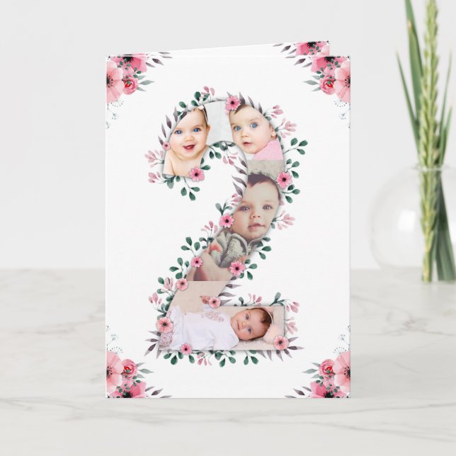 Big 2nd Birthday Girl Photo Collage Pink Flower Card (Front)