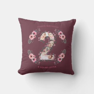 Big 2nd Birthday Girl Photo Collage Pink Flower Cushion