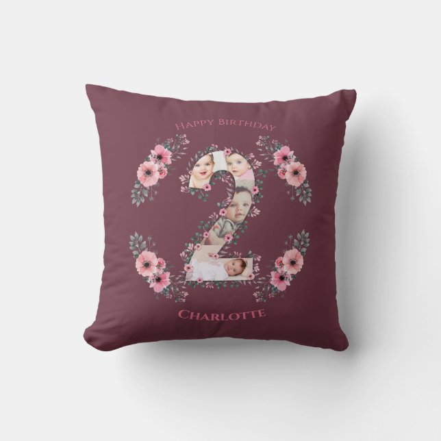 Big 2nd Birthday Girl Photo Collage Pink Flower Cushion (Front)