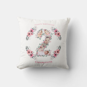 Big 2nd Birthday Girl Photo Collage Pink Flower Cushion