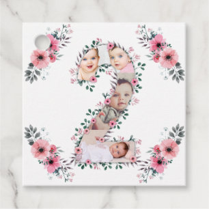 Big 2nd Birthday Girl Photo Collage Pink Flower Favour Tags