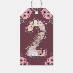 Big 2nd Birthday Girl Photo Collage Pink Flower Gift Tags
