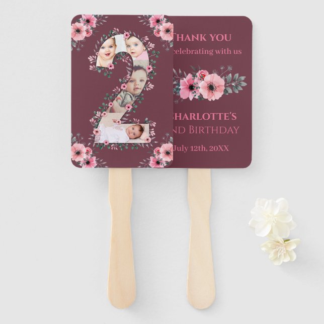 Big 2nd Birthday Girl Photo Collage Pink Flower Hand Fan (Front and Back)