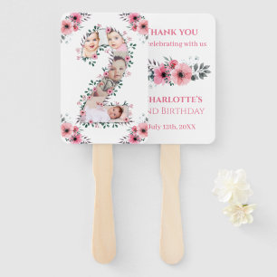 Big 2nd Birthday Girl Photo Collage Pink Flower Hand Fan