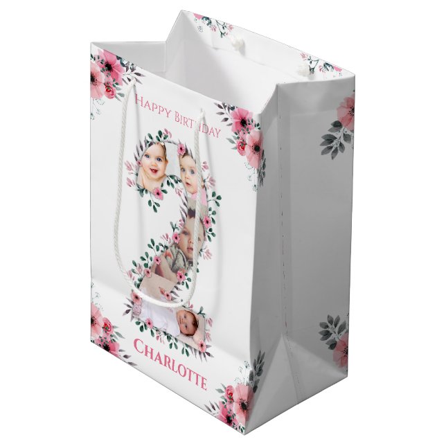 Big 2nd Birthday Girl Photo Collage Pink Flower Medium Gift Bag (Front Angled)