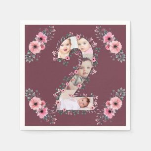Big 2nd Birthday Girl Photo Collage Pink Flower Napkin