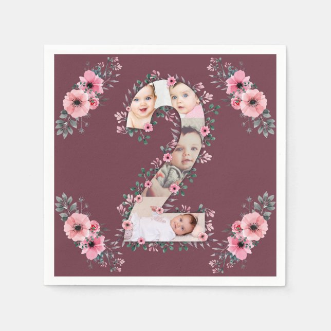 Big 2nd Birthday Girl Photo Collage Pink Flower Napkin (Front)