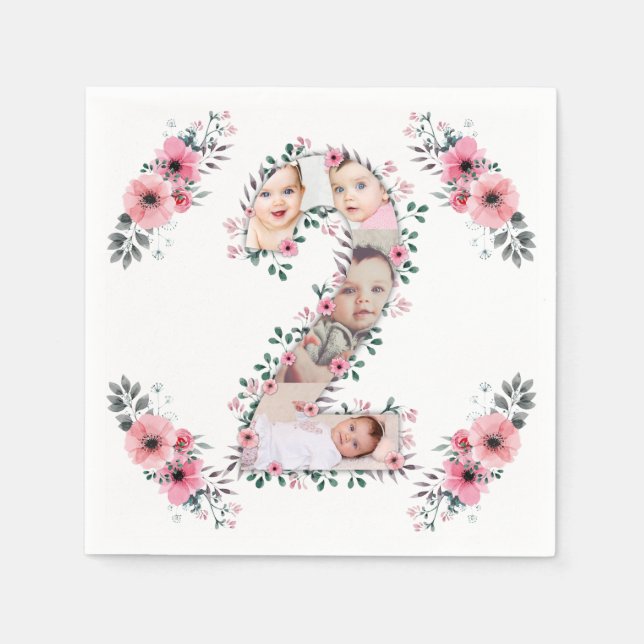 Big 2nd Birthday Girl Photo Collage Pink Flower Napkin (Front)