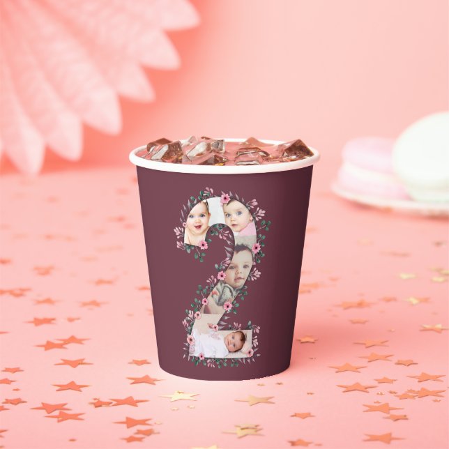 Big 2nd Birthday Girl Photo Collage Pink Flower Paper Cups (Insitu)