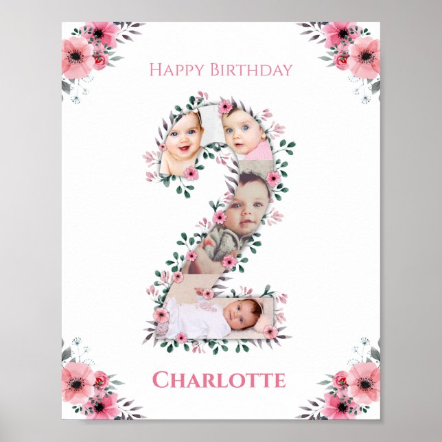 Big 2nd Birthday Girl Photo Collage Pink Flower Poster (Front)