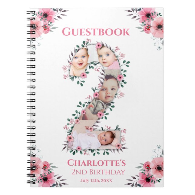 Big 2nd Birthday Girl Photo Pink Flower Guest Book (Front)