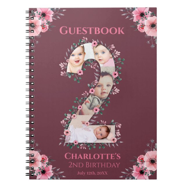 Big 2nd Birthday Girl Photo Pink Flower Guest Book (Front)